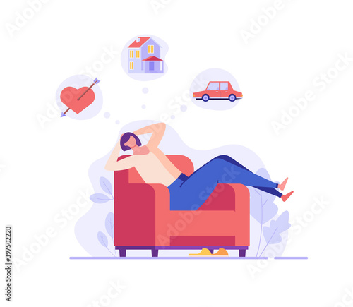 Woman sitting on the couch and dreaming about love, house, car. Concept of relaxation, rest, home comfort, dream visualization, weekend, dreaming, makes wishes. Vector illustration in flat design