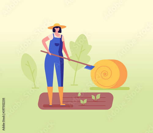 Woman grows vegetables herself, haystack in the background. Concept of eco friendly lifestyle, gmo free, farm fresh organic products, vegan, organic design. Vector illustration in flat design