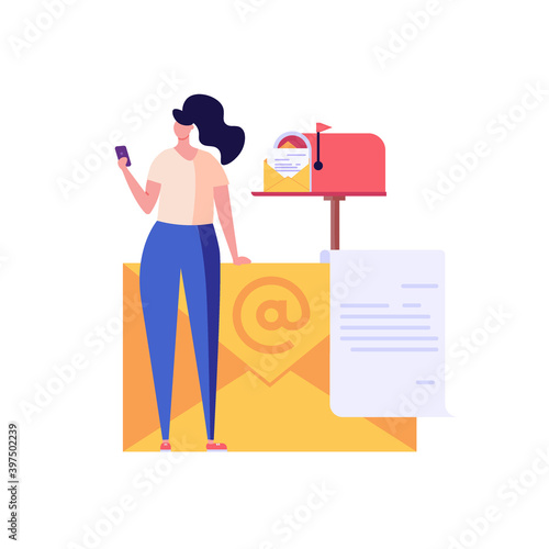 Woman is sending or receiving a letter from phone. Concept of subscribe newsletter, subscription, email subscribe, correspondence, contact us. Vector illustration in flat for UI, website, mobile app