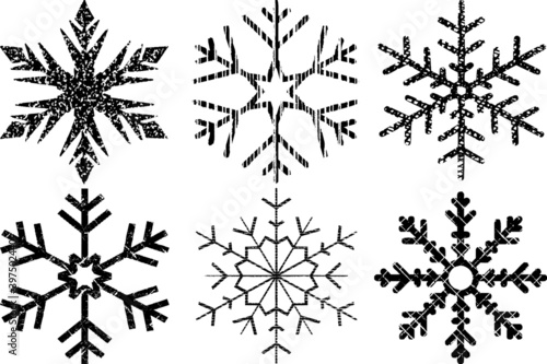 Grunge Textured Snowflakes Collection. Can be used as Banners, Insignias or Badges. Vector Distressed Texture Set. Blank Geometric Shapes. Vector Illustration. Black isolated on white. EPS10.