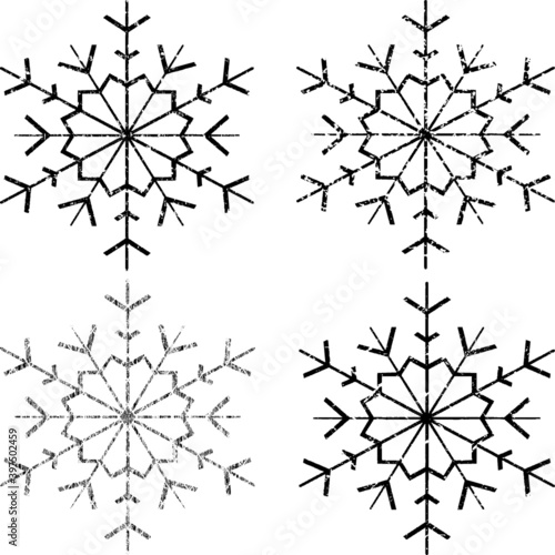 Grunge Textured Snowflakes Collection. Can be used as Banners  Insignias or Badges. Vector Distressed Texture Set. Blank Geometric Shapes. Vector Illustration. Black isolated on white. EPS10.