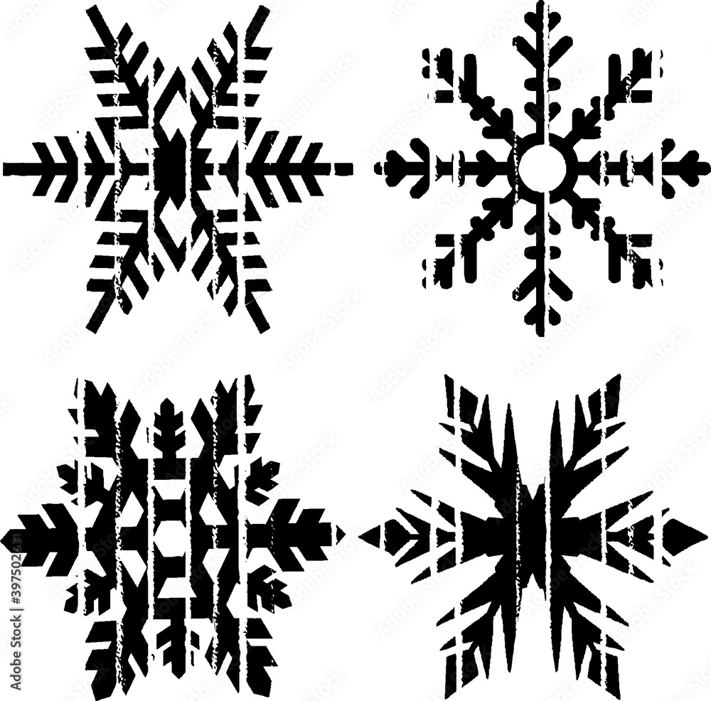 Naklejka premium Grunge Textured Snowflakes Collection. Can be used as Banners, Insignias or Badges. Vector Distressed Texture Set. Blank Geometric Shapes. Vector Illustration. Black isolated on white. EPS10.