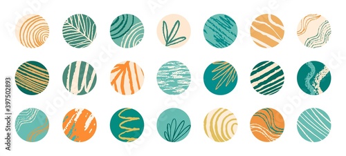 Social network highlight story covers. Abstract art stylish round avatars shades of trendy bottle-green orange and yellow colors with stripes, waves, floral motives. EPS 10 vector circle backgrounds