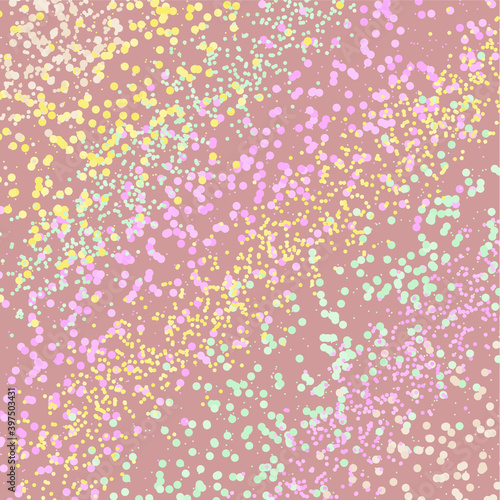 Small, colorful uneven spots and particles of debris. Abstract vector texture. Distressed uneven background. Texture overlay with fine grains and spots. Vector illustration. EPS10.