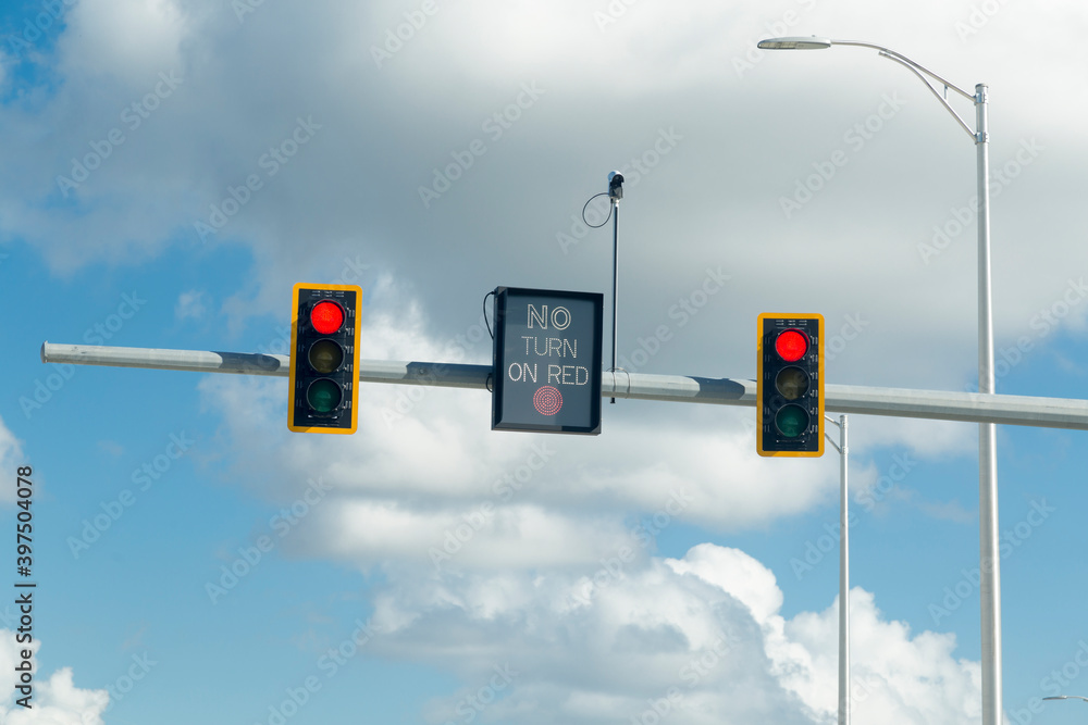 No turn on red sign at traffic intersection (North American road sign