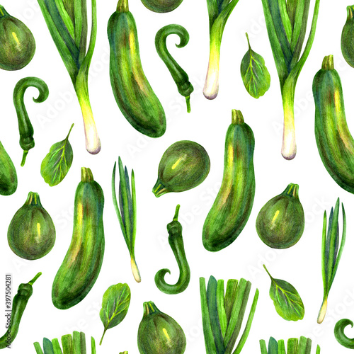 Seamless pattern with vegetables. Greens and vegetables drawn with watercolors and colored pencils.