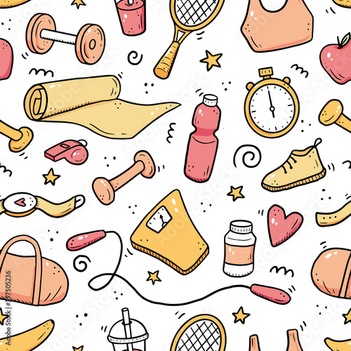 Hand drawn seamless pattern of fitness, gym equipments. Doodle sketch style. Sport element drawn by digital brush-pen. Illustration for icon, frame, background.