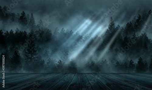 Foggy dark forest. Wooden table, night view, fog, smog. Forest landscape, night landscape. Abstract fantasy forest. Moonlight, light garland.