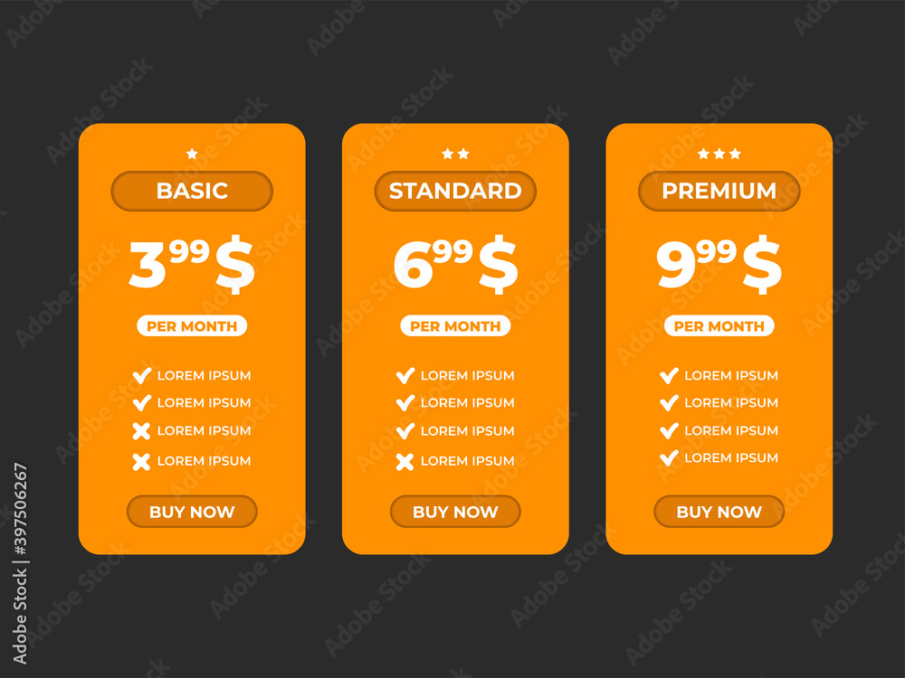 Interface for the site. UI UX vector banner for web app. Pricing Table