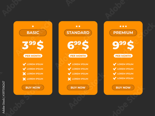 Interface for the site. UI UX vector banner for web app. Pricing Table Template with Three Plan Type. Pricing table, banner, button, list and bullet with plan for website in flat design. Three tariffs