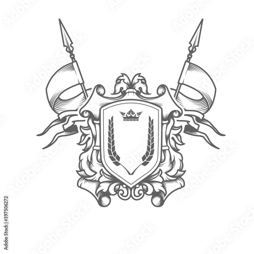 Imperial coat of arms, heraldic embossed royal shield with crossed flags, ancestral medieval symbol, vector