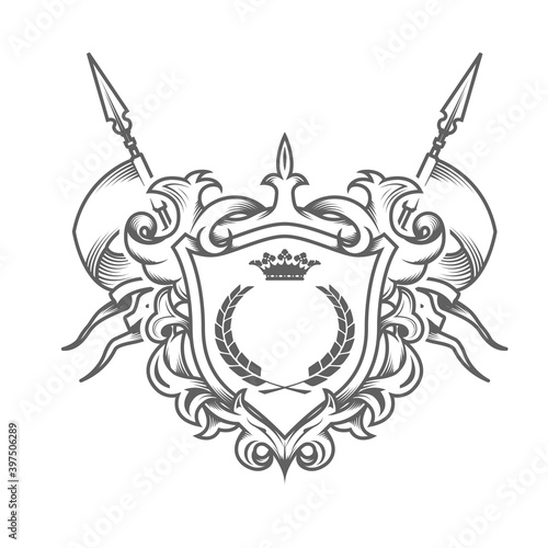 Sumptuous coat of arms, embossed heraldic shield, medieval royal emblem, ancestral symbol, engraved style imperial sign, vector