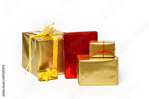 Boxes of Christmas gifts. Merry Christmas gift box with bows for greeting card. Decoration and copy space for your text. Happy New Year 2021 winter merry handmade holiday present composition.