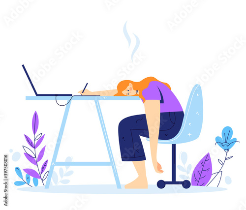 Professional and emotional burnout syndrome. Exhausted female artist at work sitting at the table with head down. Stress at creative work.