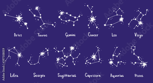 Constellations Vector Set. Zodiac signs. Lettering: Leo, Virgo, Scorpio, Libra, Aquarius, Sagitarius, Pisces, Capricorn, Taurus, Aries, Gemini, Cancer
