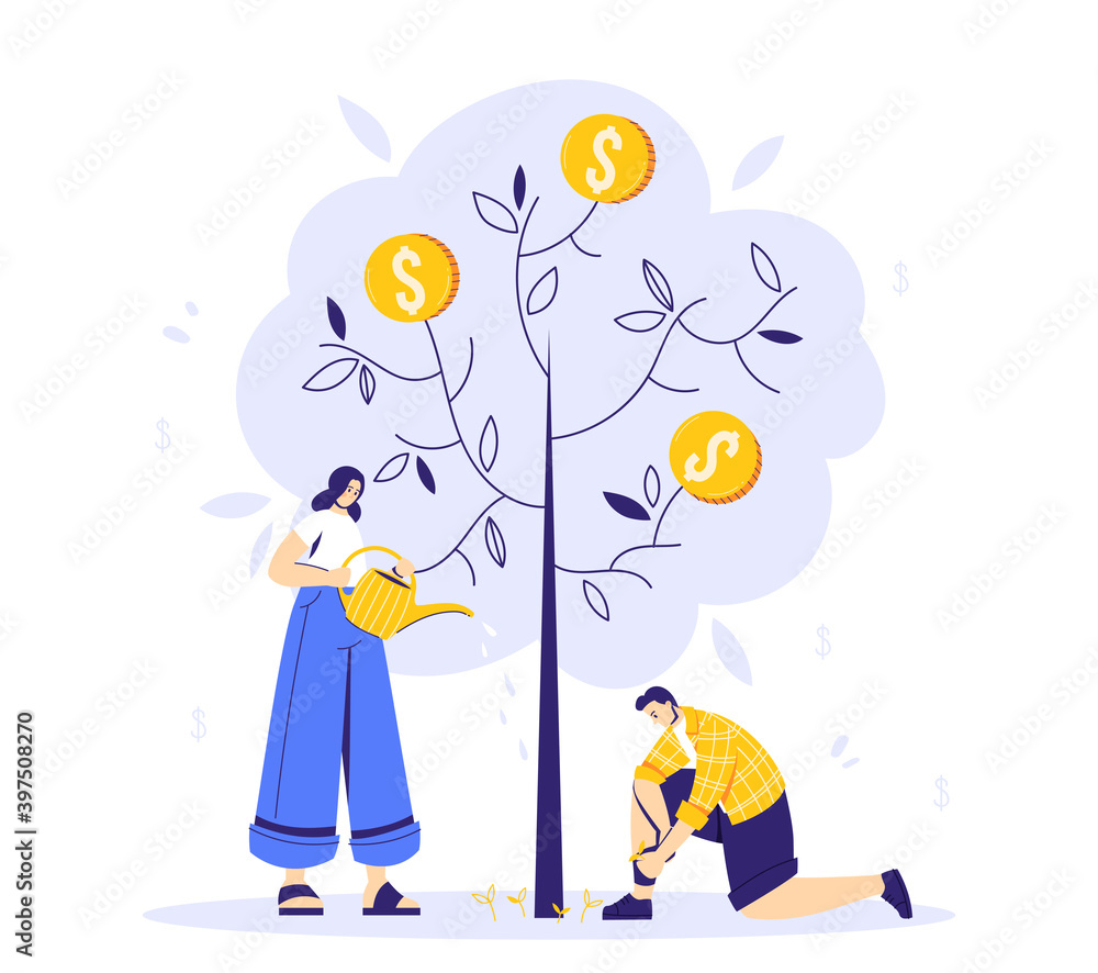 Growing tree with coins, caring for a tree, woman watering the plant, man cleaning the weeds. Growing business concept. A symbol of successful business Growing tree with coins, caring for a tree, woman watering the plant, man cleaning the weeds. Growing business concept. A symbol of successful business