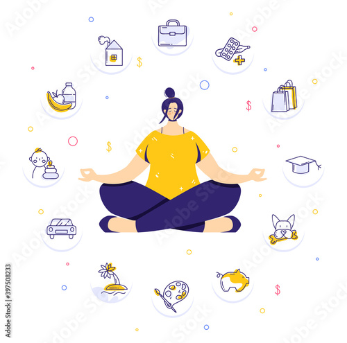 Woman sitting in yoga lotus pose and meditating. Human needs icons. Life balance concept.