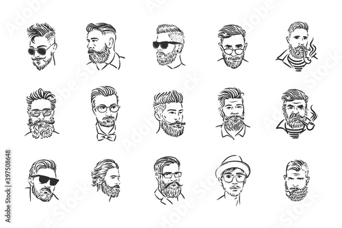 Vector hand drawn man hairstyle silhouettes illustration on white background