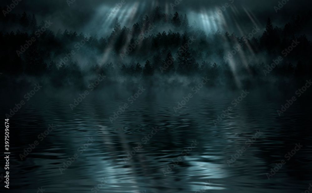Foggy dark forest. Night view, fog, smog. Wild forest nature, forest landscape, moonlight reflection in water, forest landscape. Abstract fantasy forest with a river. Foggy dark forest. Night view, fog, smog. Wild forest nature, forest landscape, moonlight reflection in water, forest landscape. Abstract fantasy forest with a river.