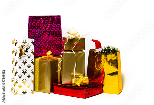 Boxes of Christmas gifts. Merry Christmas gift box with bows for greeting card. Decoration and copy space for your text. Happy New Year 2021 winter merry handmade holiday present composition.