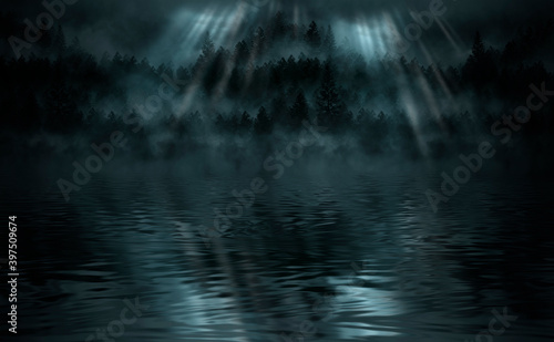 Foggy dark forest. Night view, fog, smog. Wild forest nature, forest landscape, moonlight reflection in water, forest landscape. Abstract fantasy forest with a river. © MiaStendal