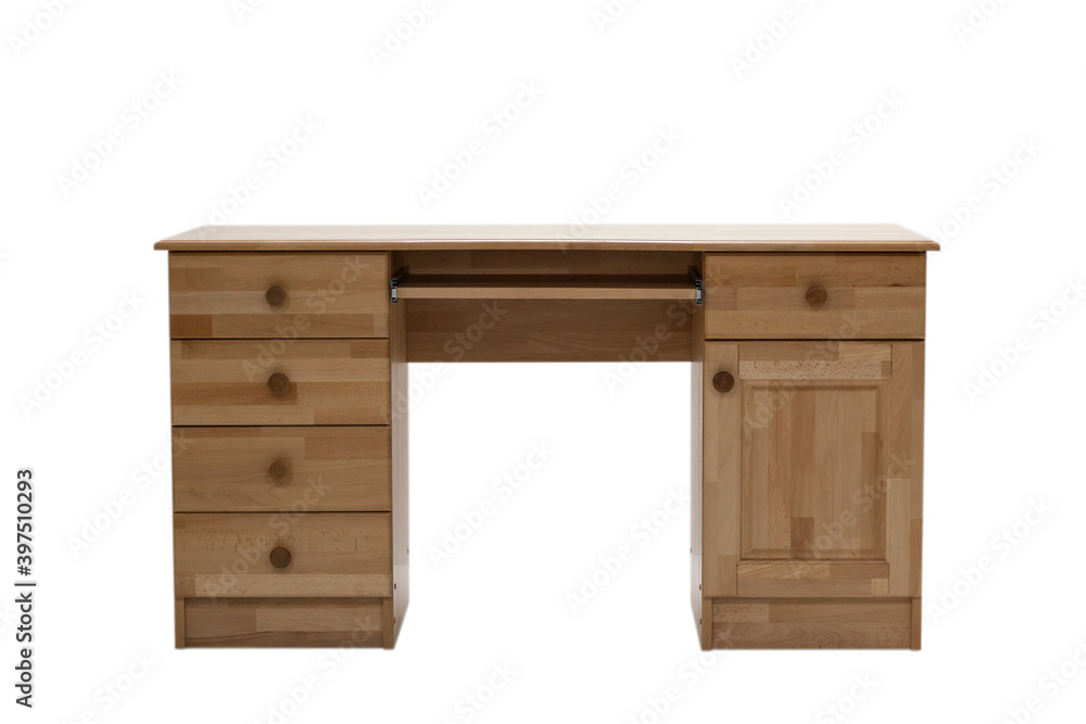 Classical writing desk with drawers and computer keyboard stand isolated on a white background. Classical writing desk with drawers and computer keyboard stand isolated on a white background.