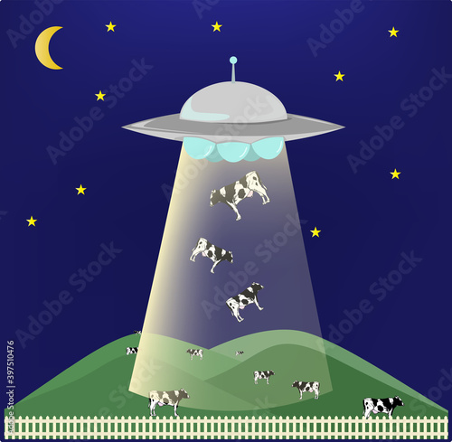夜の牧場で牛をキャトルミューティレーションするufoのイラスト