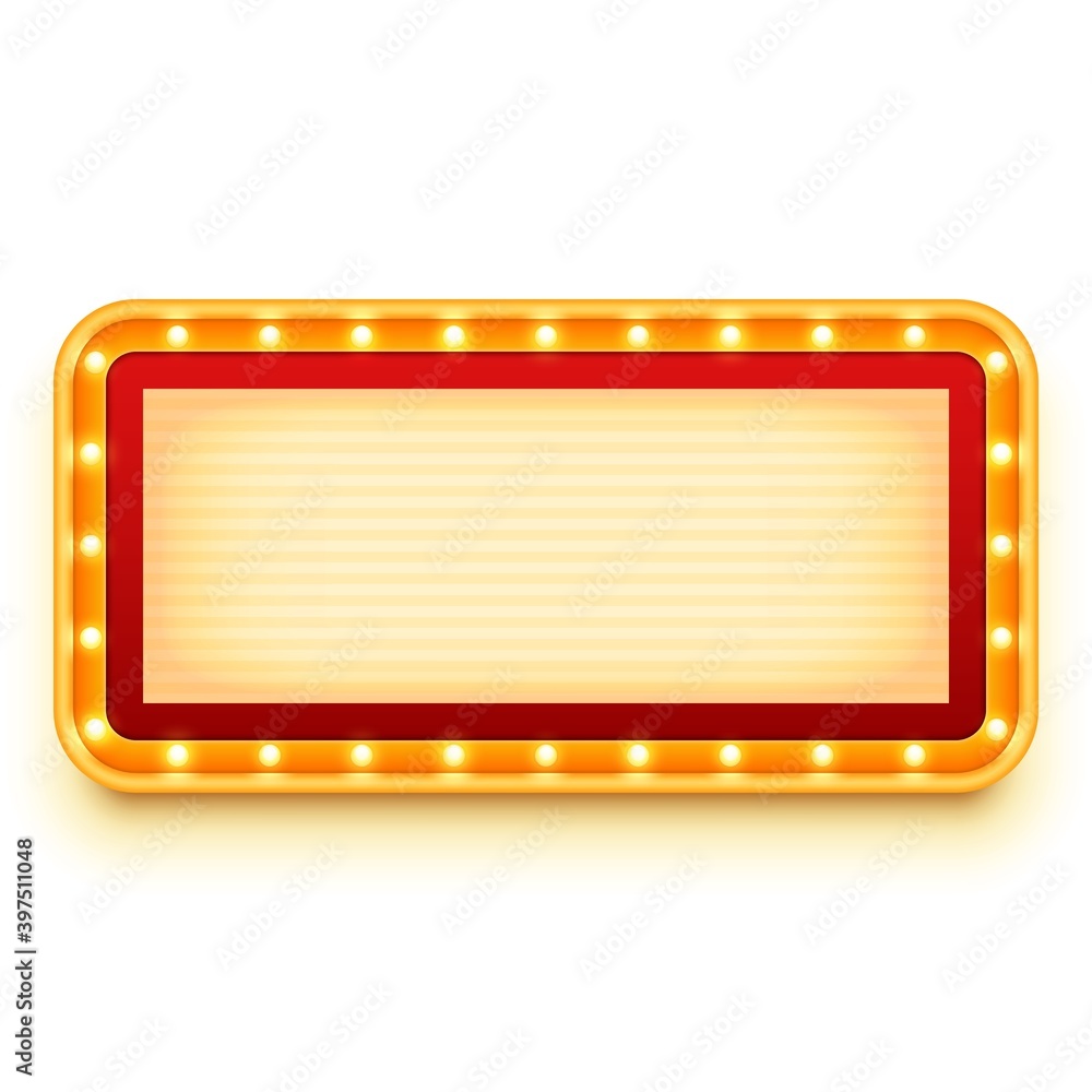 Fototapeta premium Vintage lightbox with glowing bulbs. Wall light sign with marquee lights. Retro frame with light bulbs.