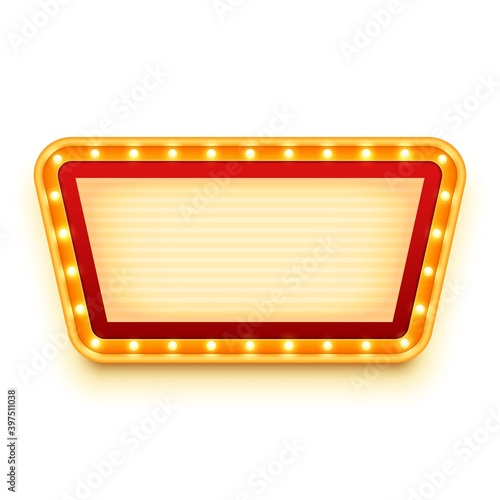 Vintage wall sign with glowing bulbs. Wall signboard with marquee lights. Retro frame with light bulbs.