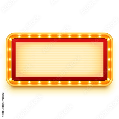 Vintage lightbox with glowing bulbs. Wall light sign with marquee lights. Retro frame with light bulbs.