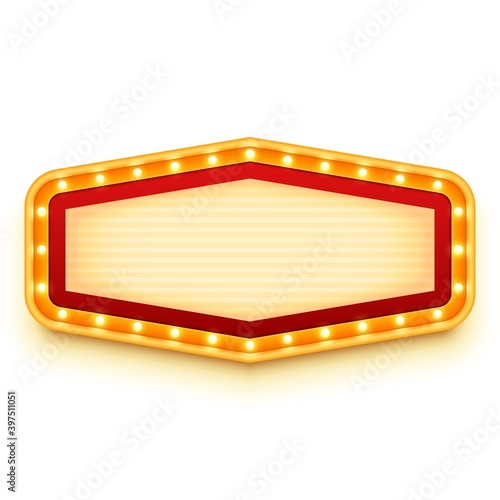 Vintage signage with glowing bulbs. Wall sign with marquee lights. Retro billboard with light bulbs.