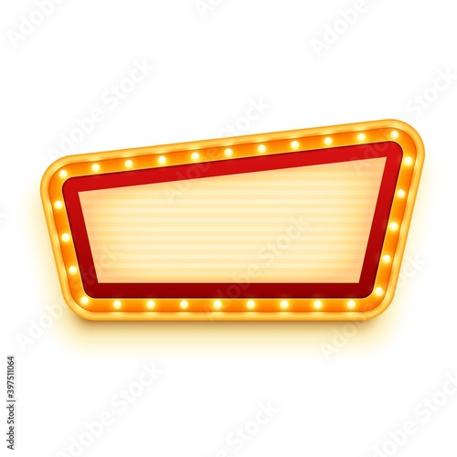 Vintage signboard with glowing bulbs. Wall sign with marquee lights. Retro billboard with light bulbs.