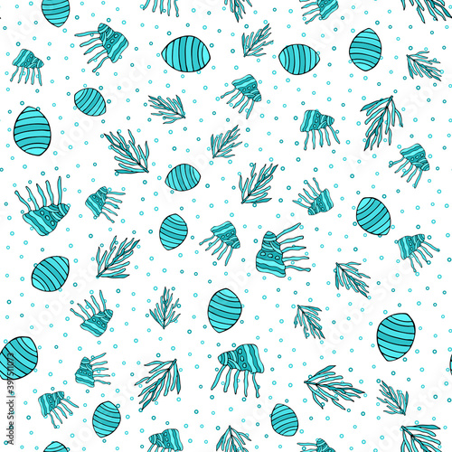 Seamless pattern with shell, coral, bubble on white background. Vector illustration
