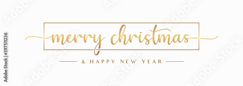 Merry Christmas Handwriting Lettering Calligraphy with Gold Text Color , isolated on White background. Vector Graphic Illustration for Banner, Poster, Greeting cards, Web, Presentation.