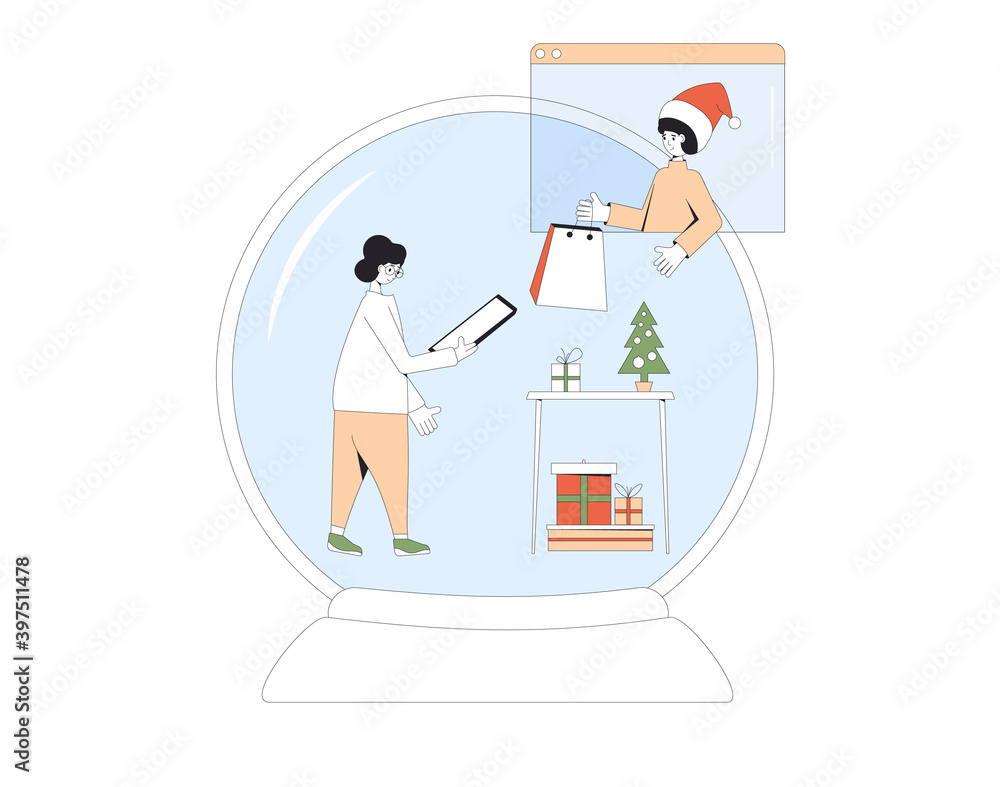 Christmas online meeting. Family giving a gift. Stay home at holiday. Young person meeting with her mom with video call during a pandemic. Sharing virtual present on the internet. Vector illustration Christmas online meeting. Family giving a gift. Stay home at holiday. Young person meeting with her mom with video call during a pandemic. Sharing virtual present on the internet. Vector illustration