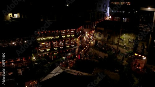 Aerial drone night view over mountain village of Jiufen, Taiwan.
Low angle, parallax movement, HD. photo