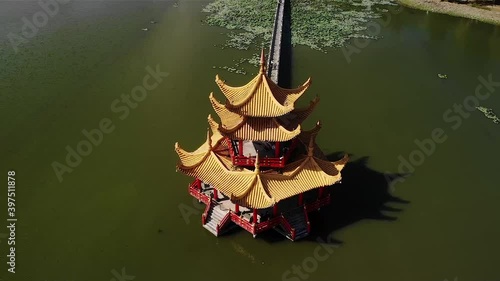 Aerial drone view over Lotus Pond Lake Wuliting lookout in Kaohsiung city, Taiwan.
Low angle, parallax + tilt movements, HD. photo