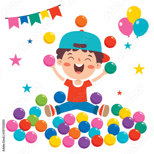 Funny Kid Playing With Colorful Balls