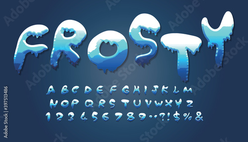 Frosty text with icicles. Alphabet design for lettering and prints.