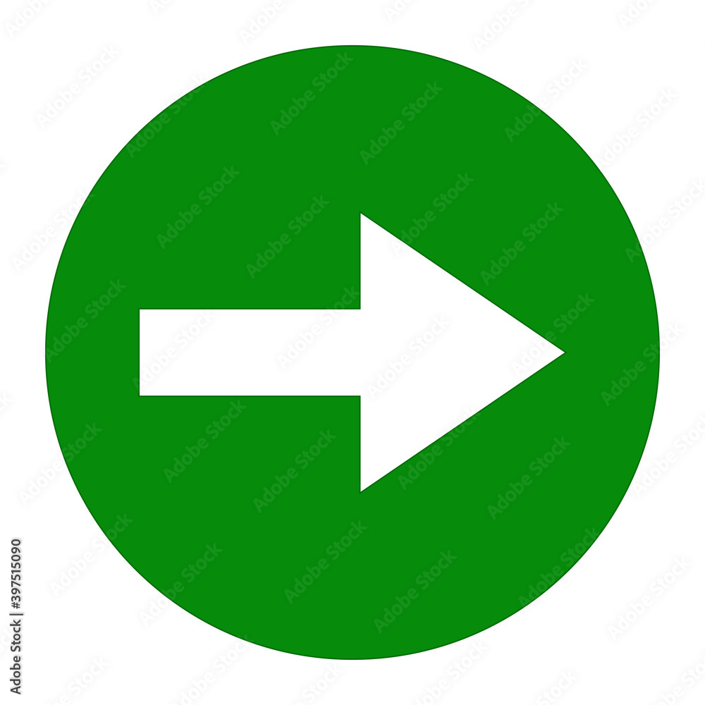 White right arrow icon on green background round shape White right arrow icon on green background round shape