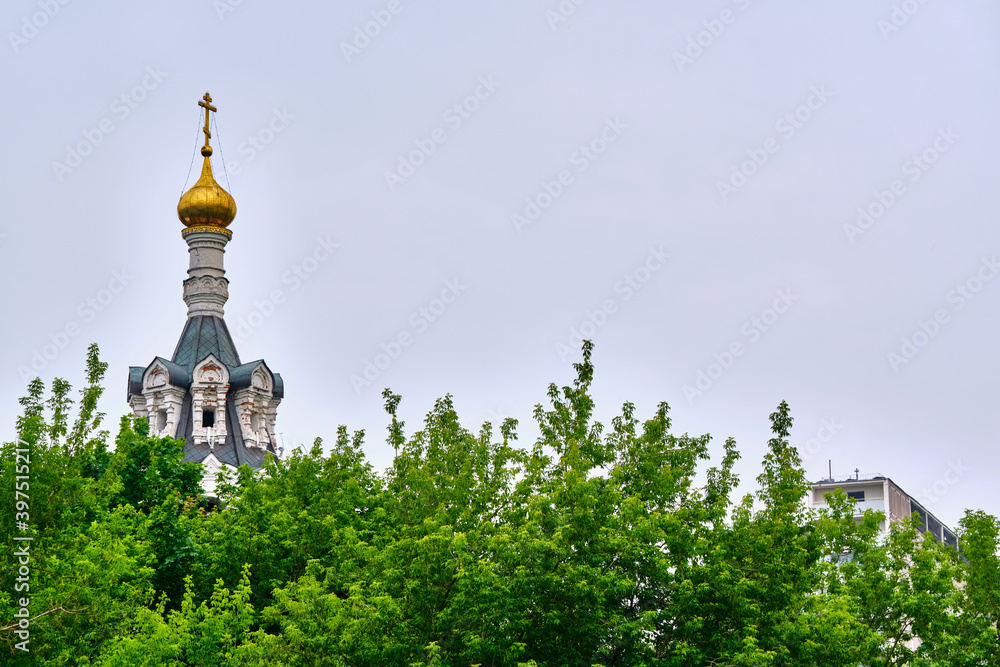 russia 2020. Church domes behind a tree branch. general plan