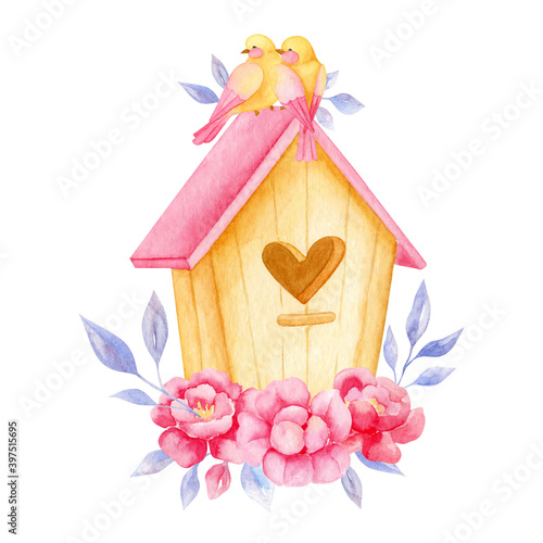 Watercolor birdhouse Valentine .illustration isolated on white background. © Anastasiia