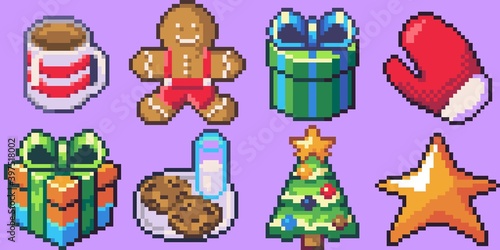 Christmas Pixel Art Icons including gingerbread man, gloves, christmas tree, cookies and milk, gifts and similar items.