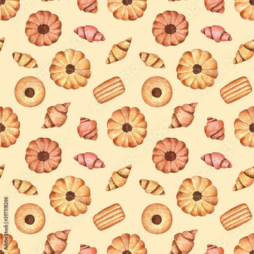 Seamless pattern with butter cookies and mini croissants on light yellow background. Watercolor hand-drawn elements. Good for kitchen textile and decor, cafe design, wrapping paper, wallpapers. 