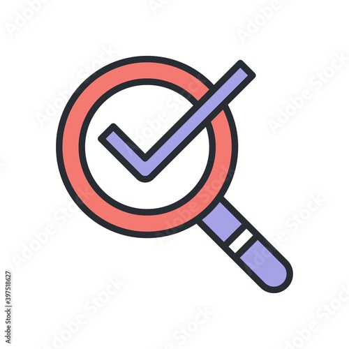 Check mark on magnifying glass icon. Search found sign.