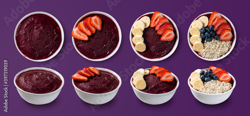 set of many Brazilian frozen açai berry ice cream bowls with diferent ingredients on a purple summer background. top view and front view for menu