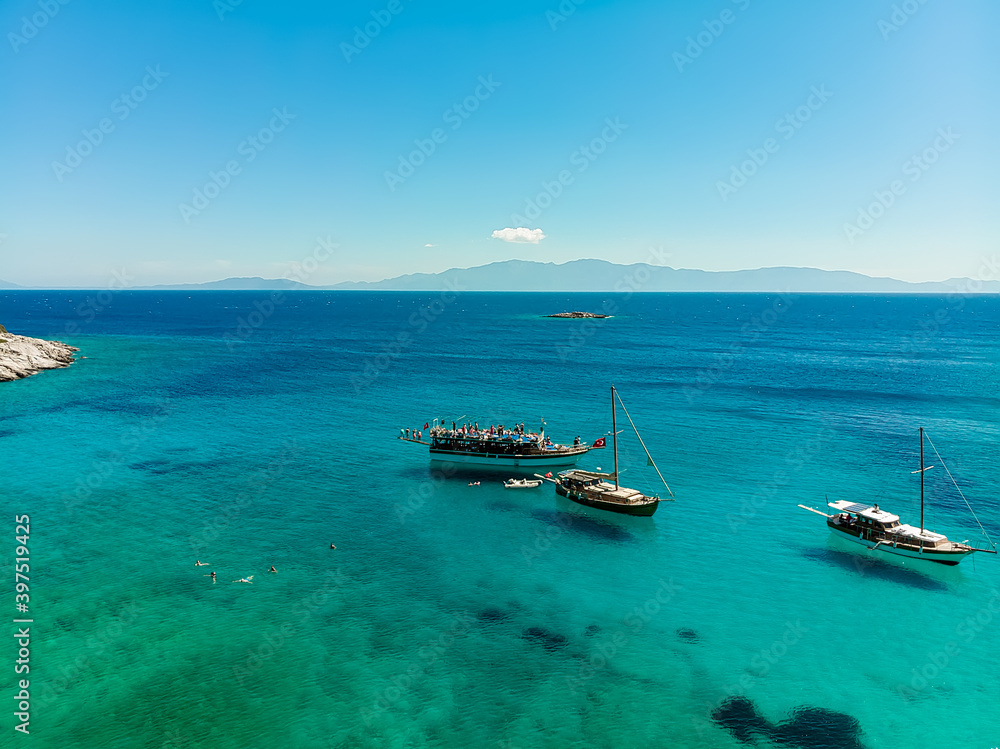 Aerial view to the Aegean sea close to the shoreline in city of Bodrum Turkey