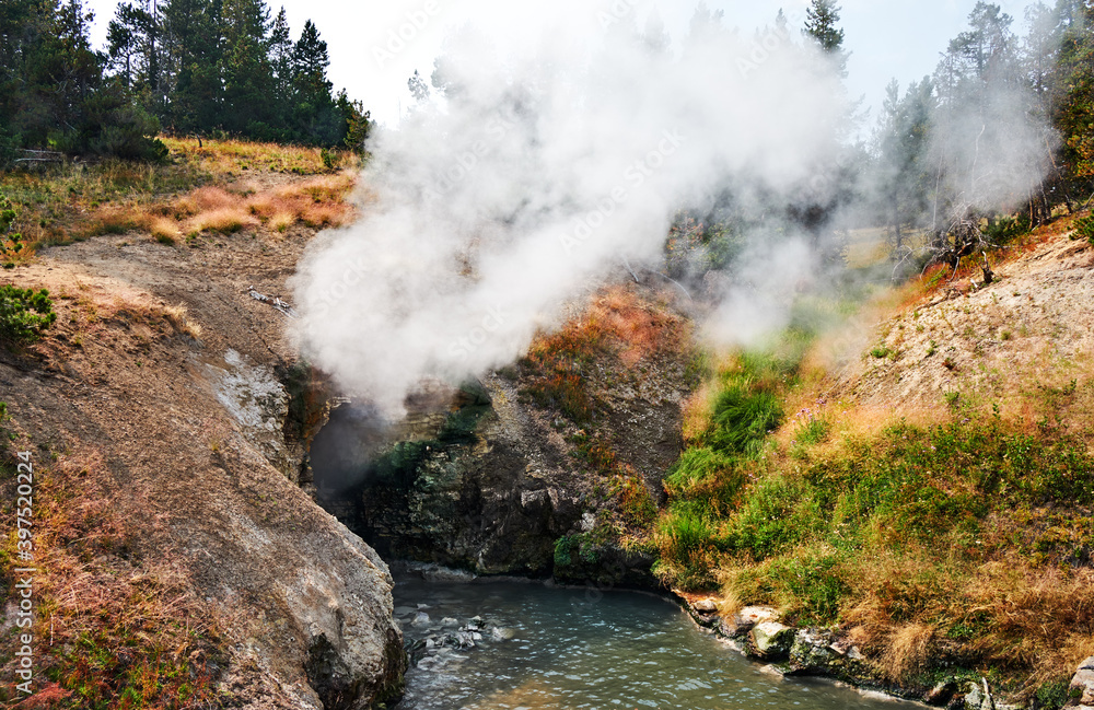 Fototapeta premium Boiling water of a hot spring has eroded the hillside to create a cavern that belches steam, reminding visitors of a Dragon’s Mouth. Yellowstone National Park, Wyoming