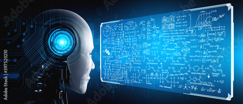 Humanoid AI robot looking at hologram screen in concept of math calculation and scientific equation analytic using artificial intelligence by machine learning process. 3D illustration. photo