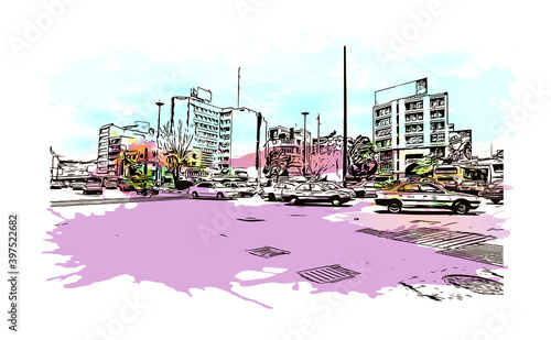 Building view with landmark of Tochal Complex consists of many recreational and sports facilities in  Velenjak, north of Tehran. Watercolour splash with hand drawn sketch illustration in vector.